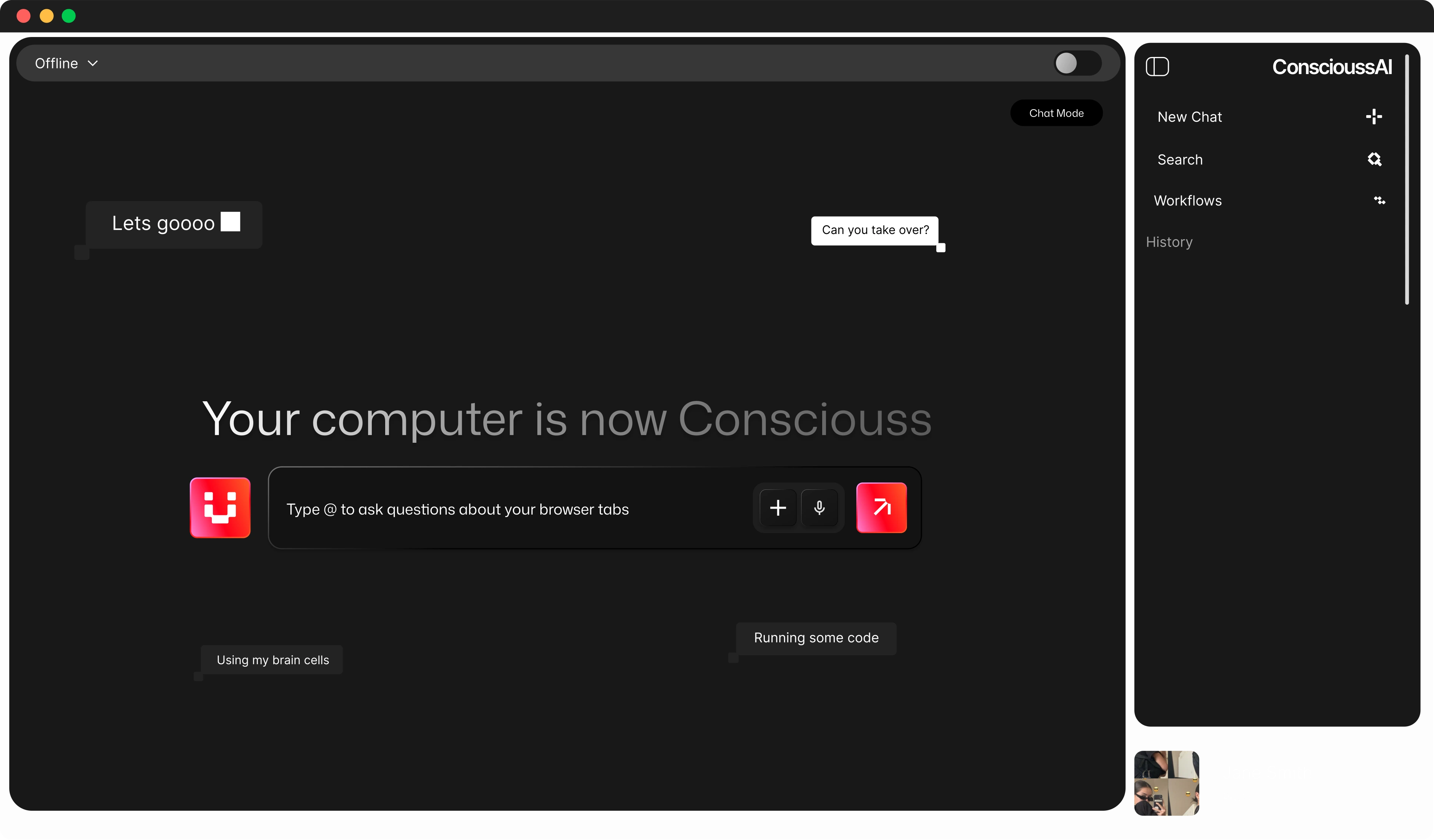 ConscioussAI desktop app showing the AI assistant interface integrated into your operating system