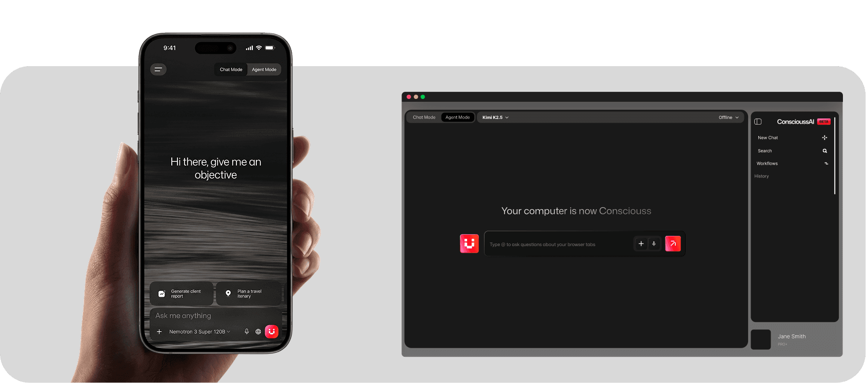 Consciouss AI app mockup - phone and desktop